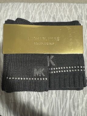 Michael Kors Dark Gray Ribbed Knit Scarf/Hat set with Crystal MK Detail